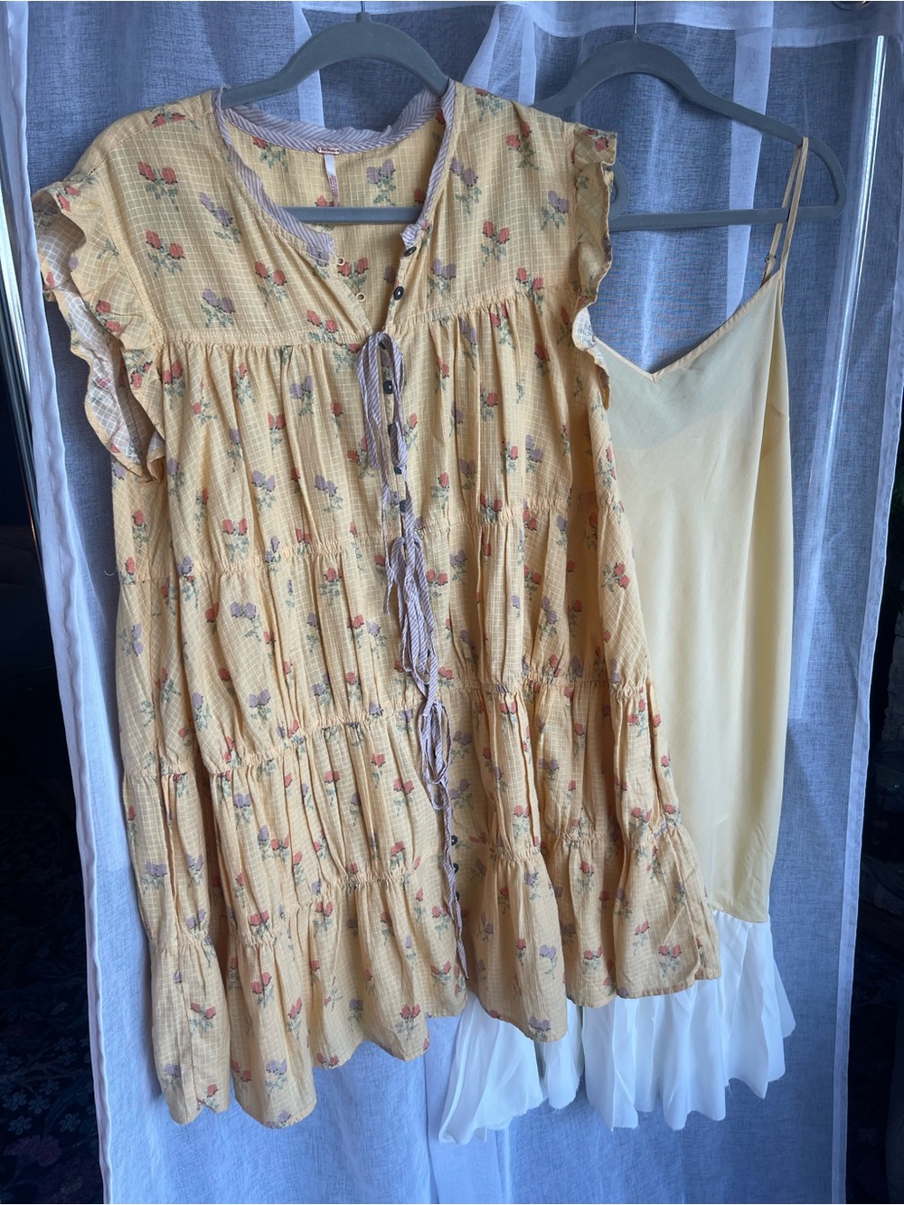 Free People Yellow Floral Tiered Babydoll Dress with Slip – Size L
